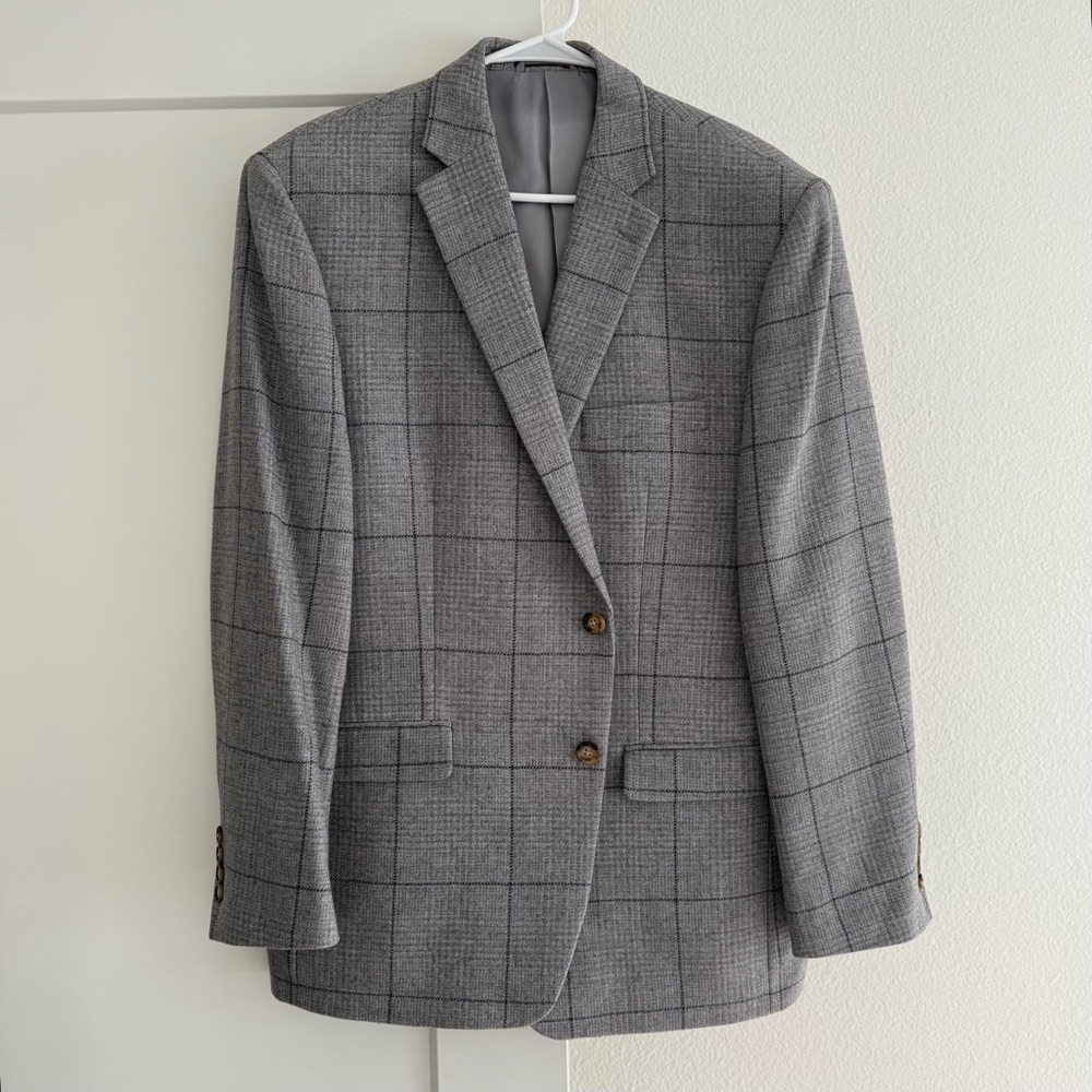 RALPH LAUREN Men’s Grey Wool Blend Windowpane Suit Jacket